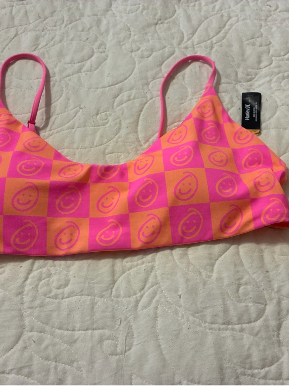 Hurley Pink & Orange Smiley Check Bralette Swim Top